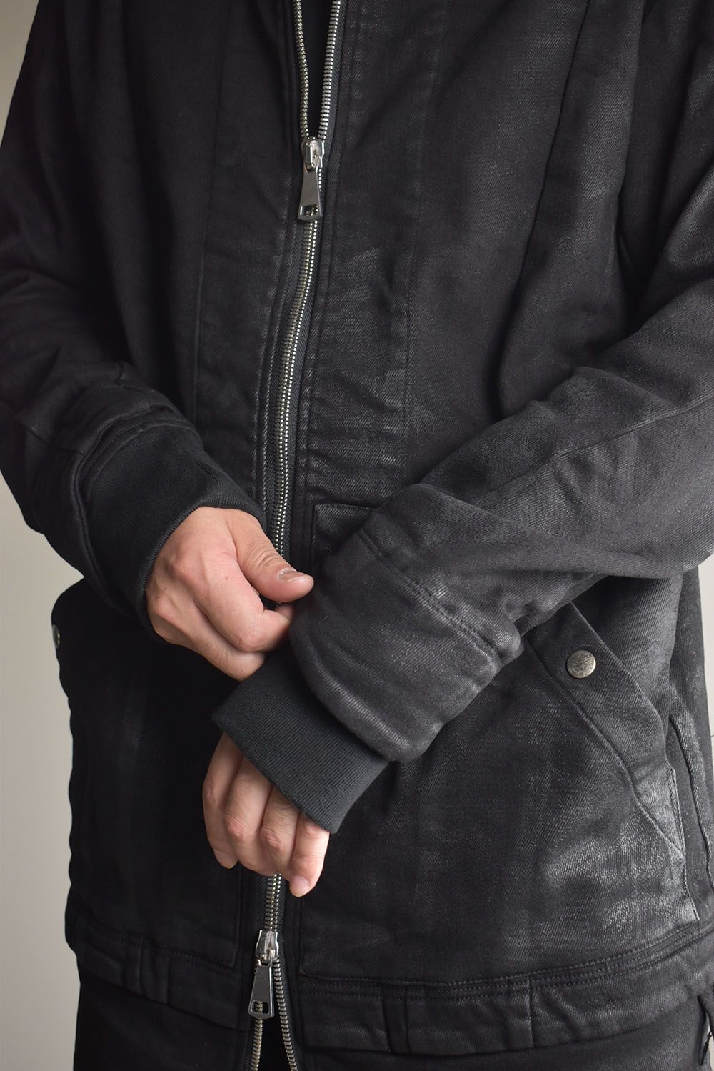 Coated Bonding Hoodie Denim Blouson"Black" / コーディングボンディングフーデッドデニムブルゾン"ブラック"