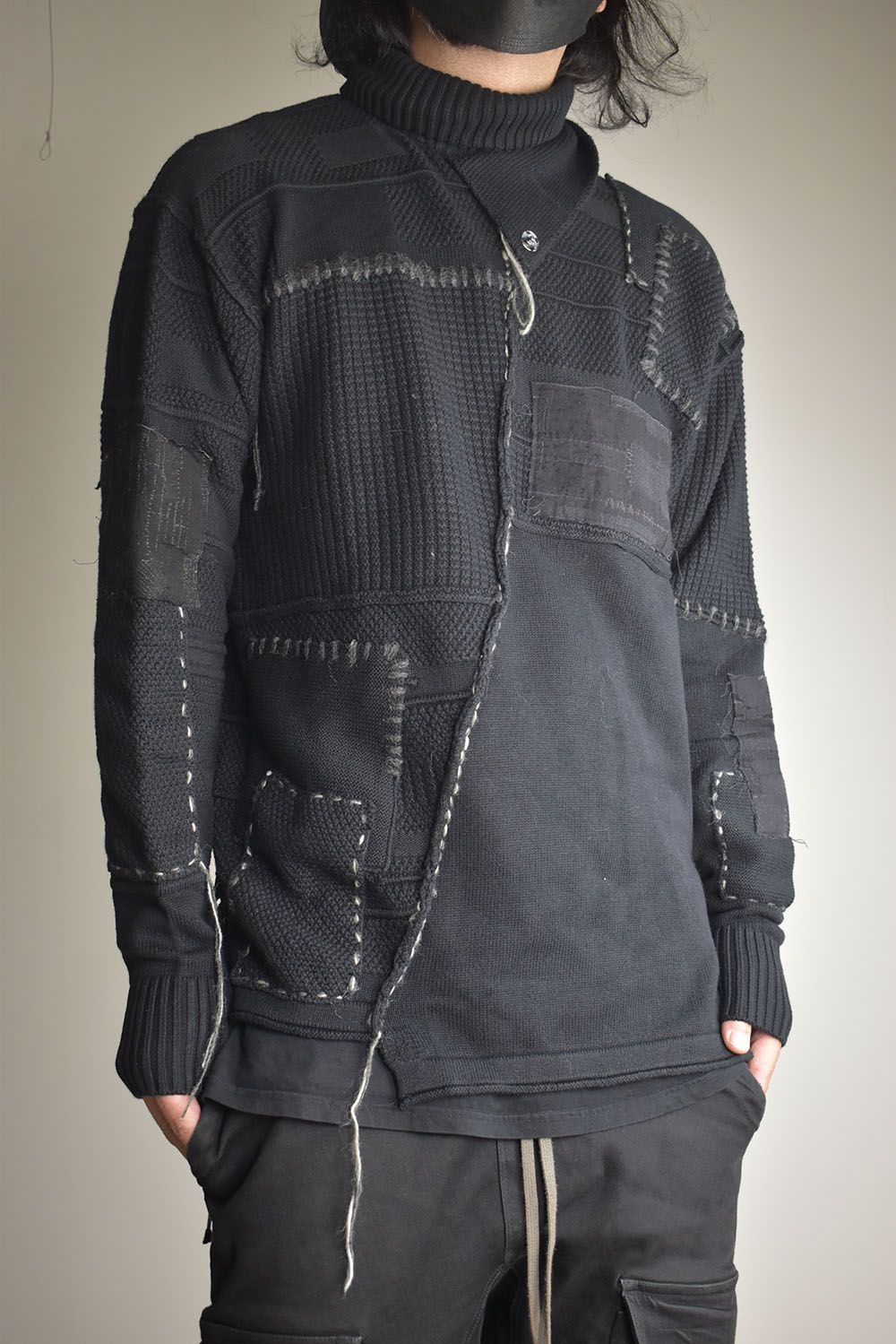 Cotton Cashmere Crust Patch Knit Pullover "Black" / コットンカシミヤクラストパッチニットプルオーバー"ブラック"