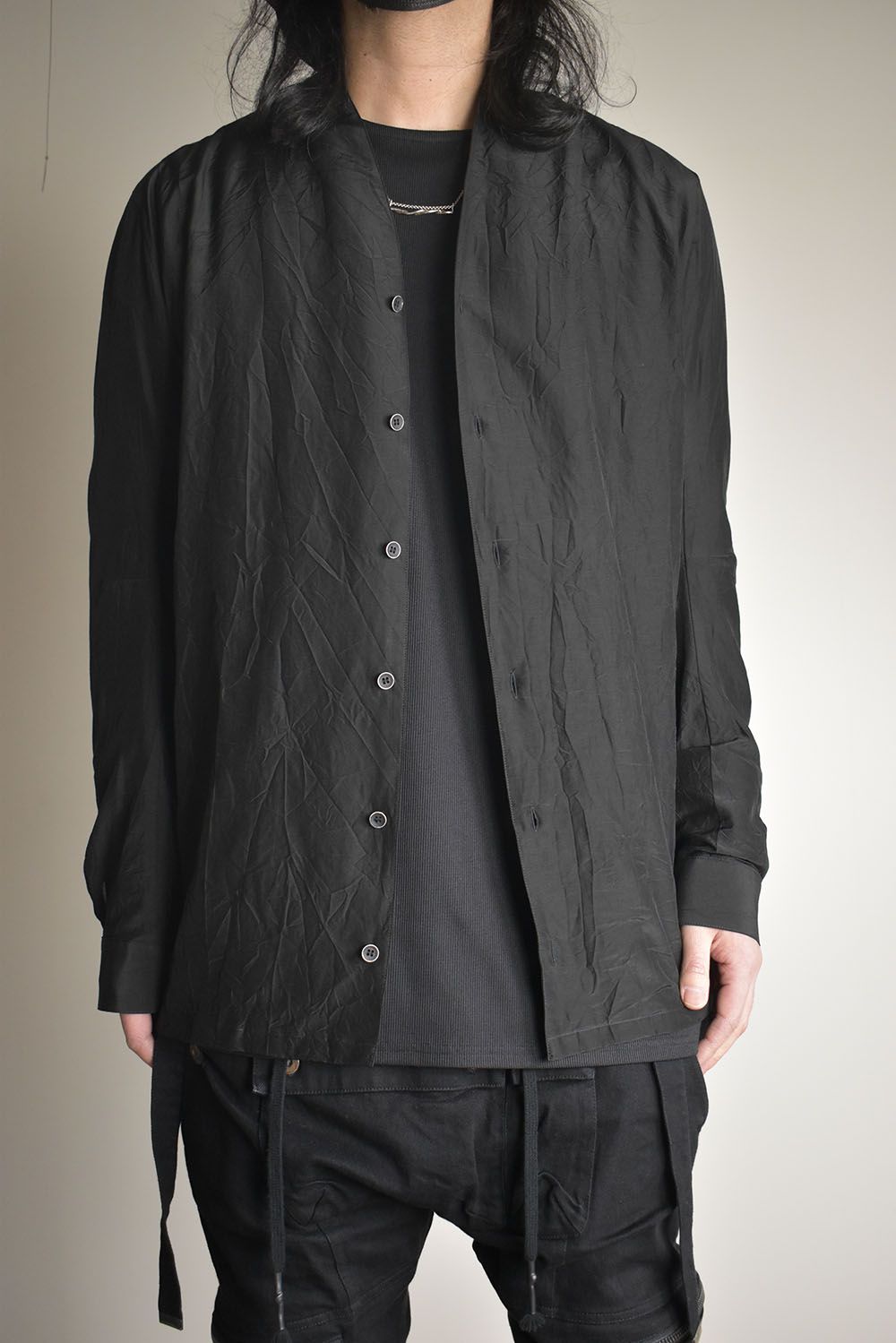 Silk Cotton Washer Shawl Collar Shirt"Black" / シルクコットンワッシャーショールカラーシャツ"ブラック"