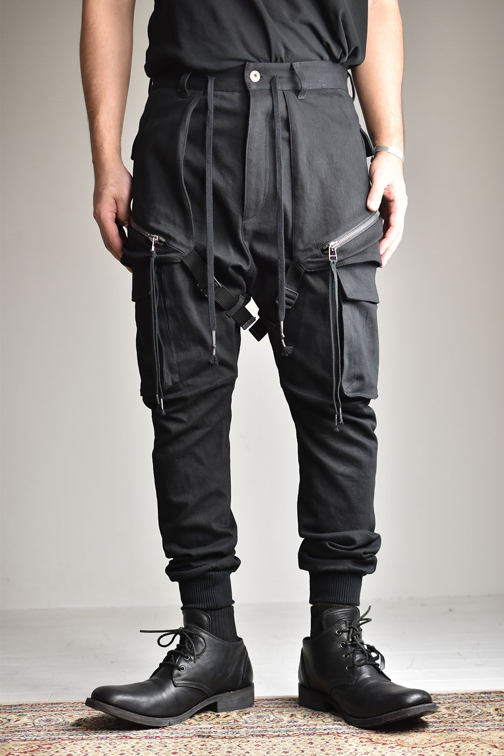 Super Stretch Cotton Denim Hanging Pocket Cargo Jog  Pants"Black"/スーパーストレッチコットンデニムハンギングポケットカーゴジョグパンツ"ブラック" ALTRA