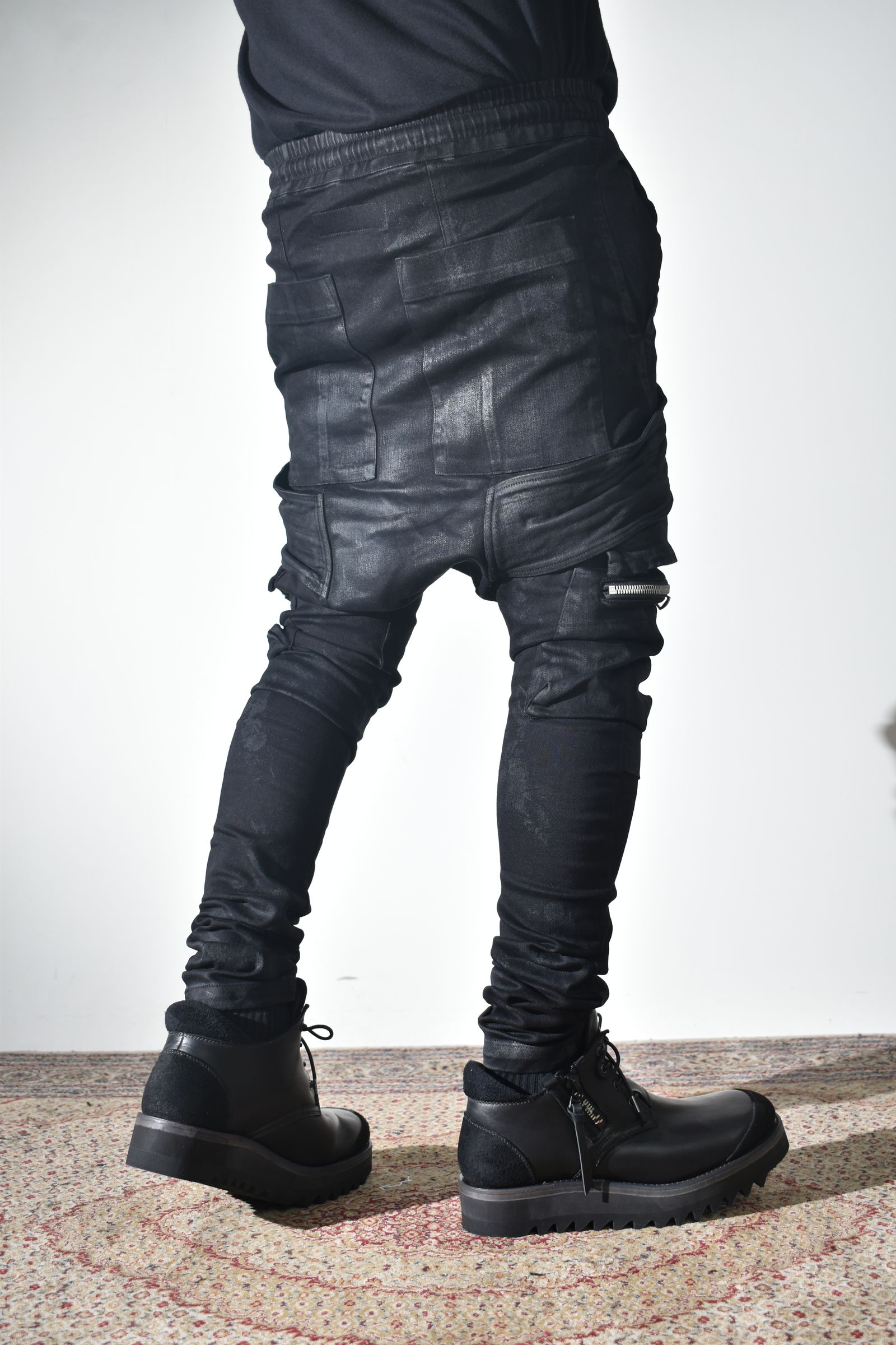 Strtch Denim Coatiing Cargo Sarouel Skinny"Black" / ストレッチデニムコーティングカーゴサルエルスキニー"ブラック"