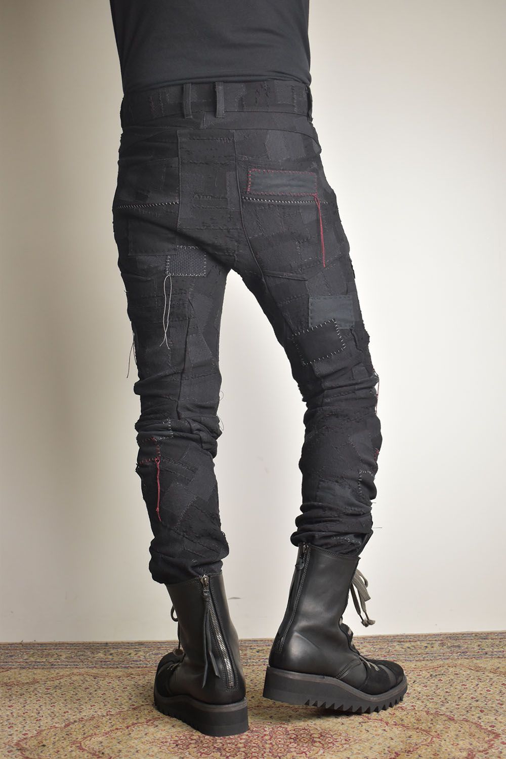 Hand Patchwork Crust Jacquard Overlock Twist Curve Pants "Black" / ハンドパッチワーククラストジャガードオーバーロックツイストカーブパンツ"ブラック"