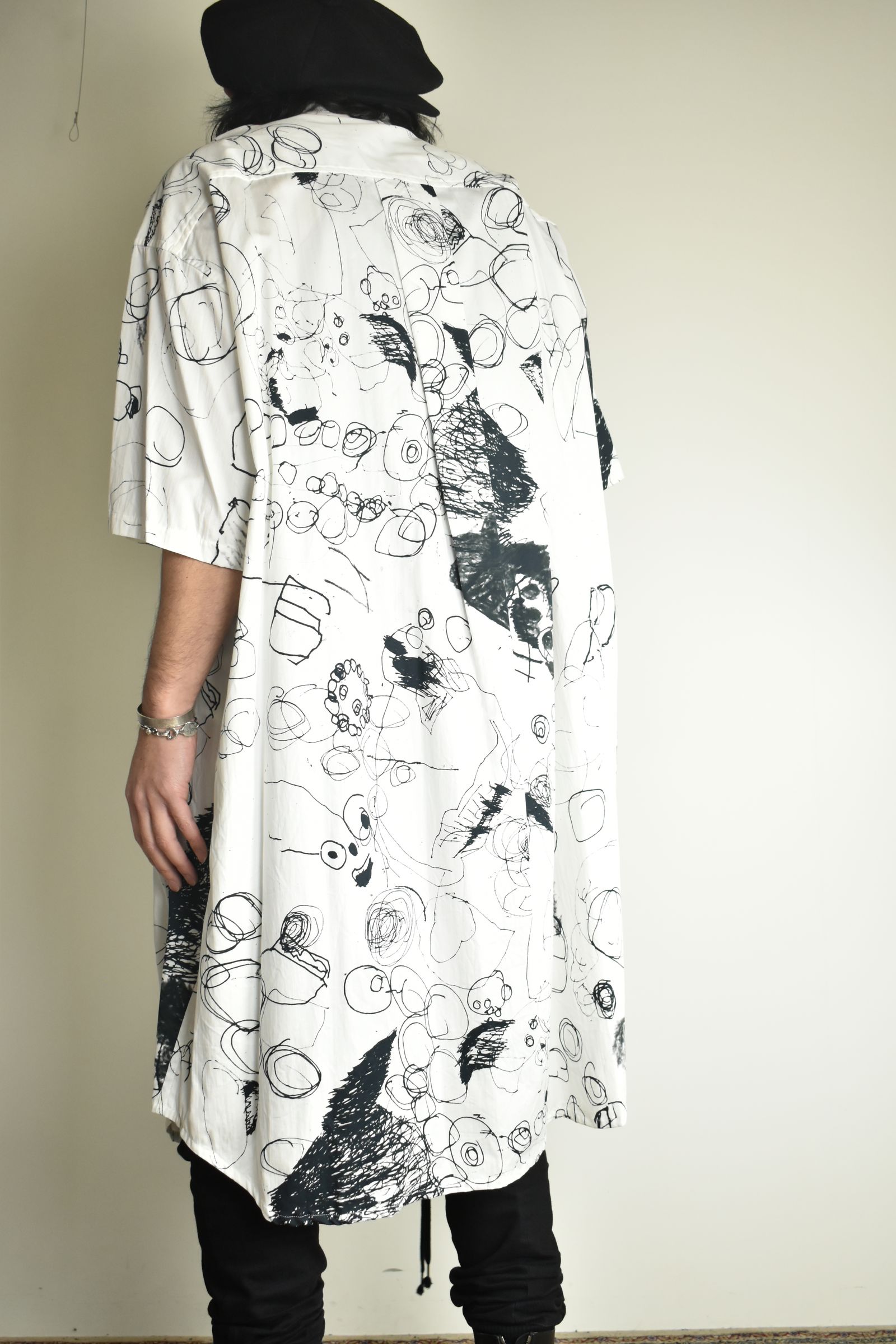 Cotton Twill Ink Jet Short-Sleeved Big Shirt&Dress"White Black" / コットンツイルインクジェット半袖ビッグシャツ / ワンピース"ホワイト ブラック"