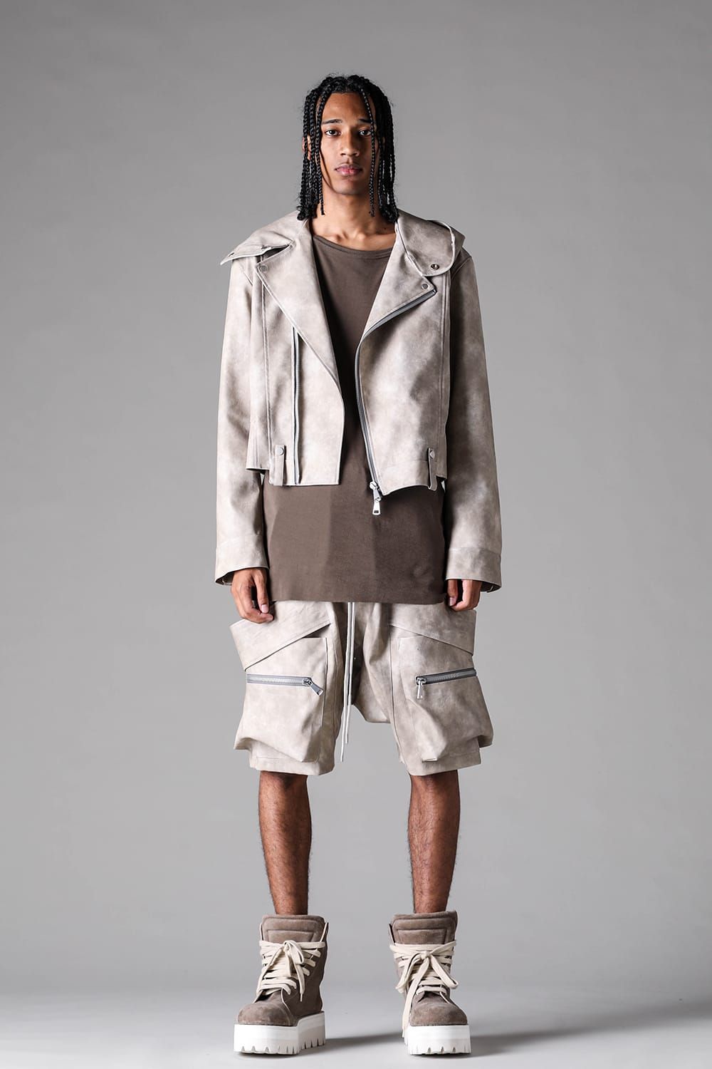 《2027SS先行予約》Vegan Leather Belt Cargo Sarrouel Shorts"Black / L.Beige" / ヴィーガンレザーベルトカーゴサルエルショーツ"ブラック / ライトベージュ"