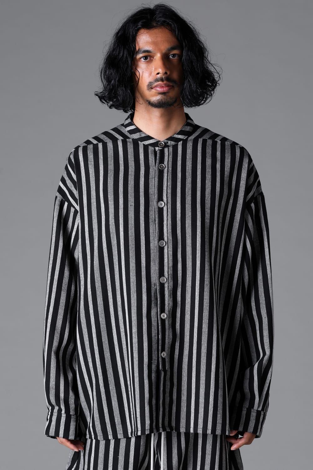 《2026SS先行予約》Vertical Stripes Stand Collar Shirts "Black×L.Grey" / バーティカルストライプスタンドカラーシャツ"ブラック×グレー"