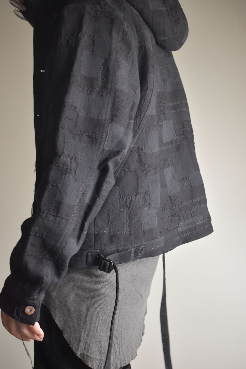 Crust Patchwork Jacquard Hood Attached Jacket "Black" / クラストパッチワークジャガードフードアタッチドジャケット"ブラック"