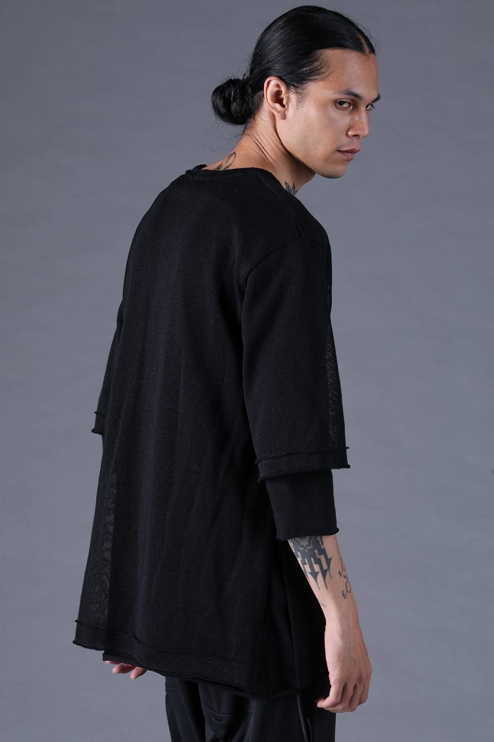 《2027SS先行予約分》Japanese Paper Cotton Knit Layered T-Shirt "Black" / 和紙コットンニットレイヤードTee "ブラック"