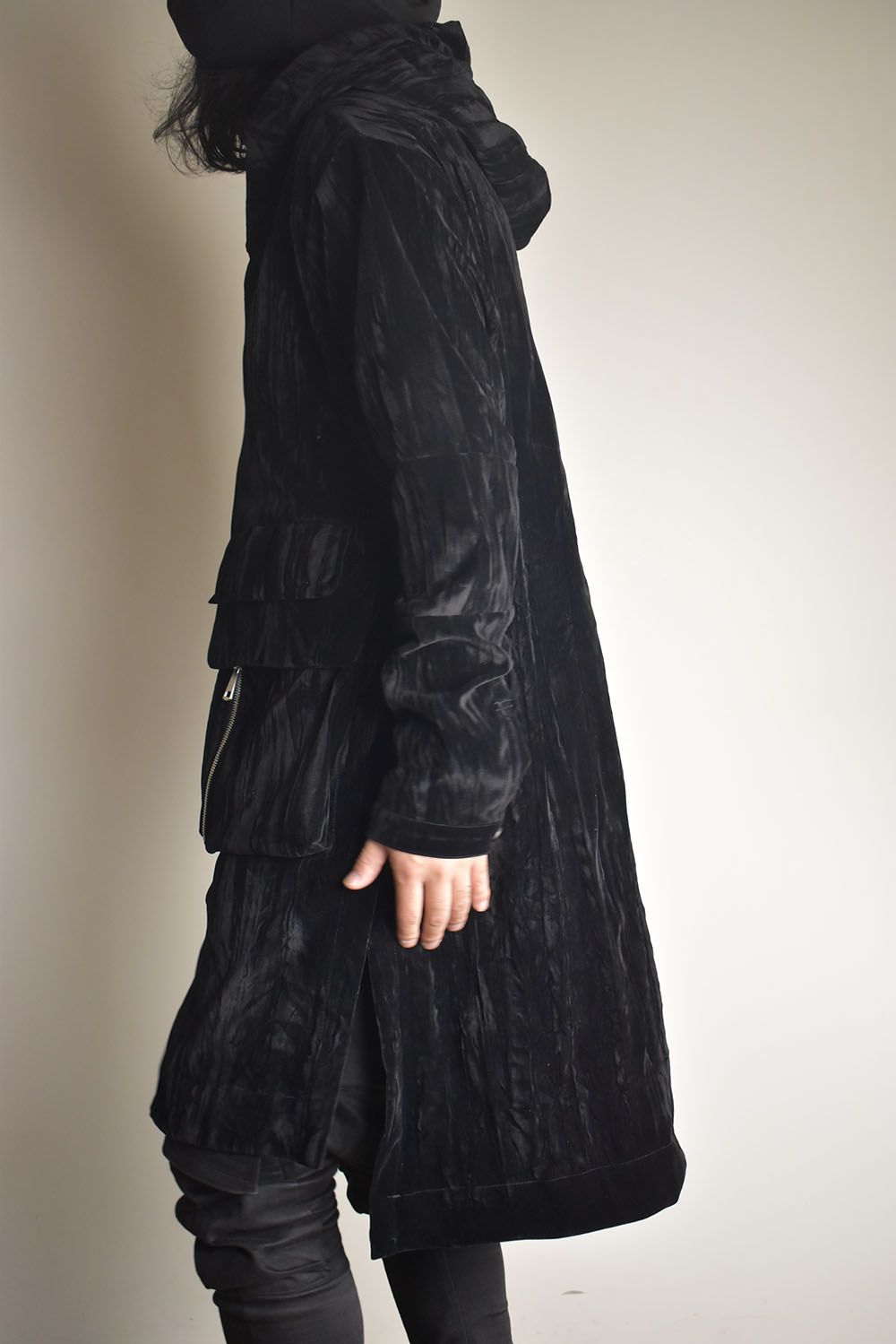Washer Velour Hooded Long Jacket"Black" / ワッシャーベロアフーデッドロングジャケット"ブラック"
