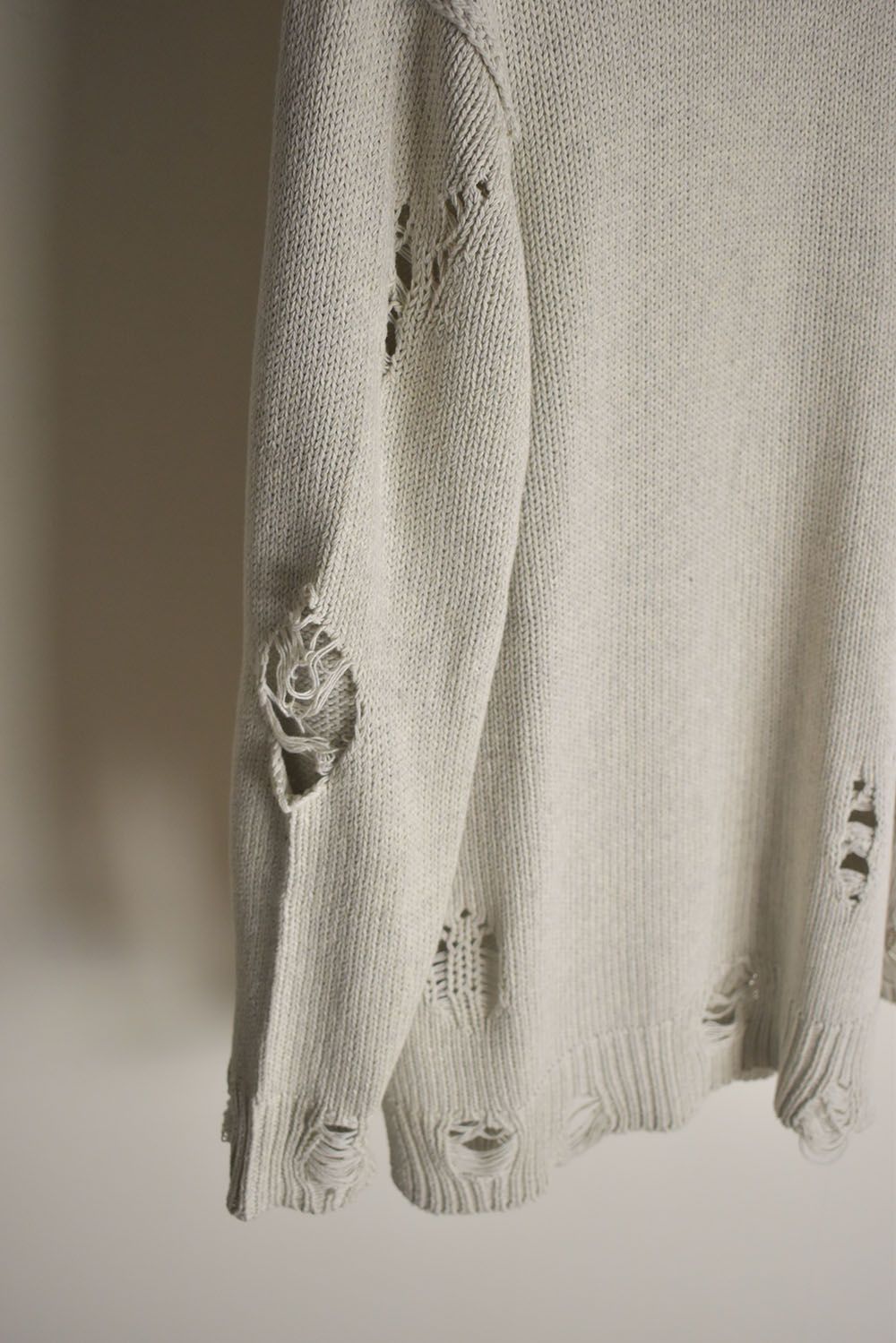 Cotton 3GG Damaged Knit Pullover"Light Grey" / コットン 3GG ダメージニットプルオーバー"ライトグレー"
