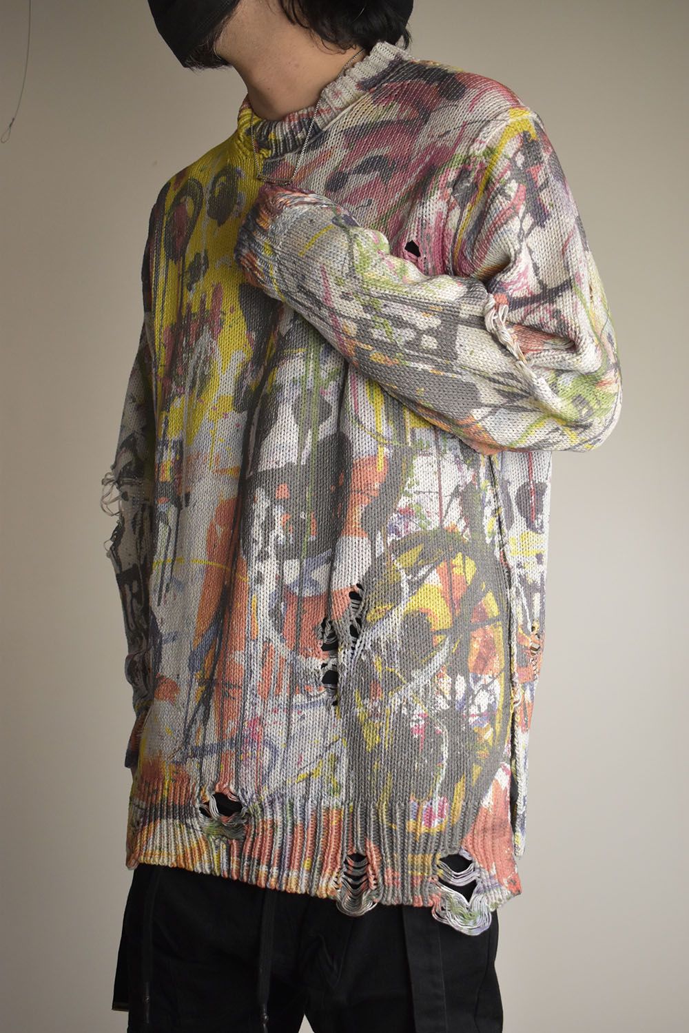 Inkjet Print Cotton 3GG Damaged Knit PulloVer"Color Print" / インクジェットプリント コットン 3GG ダメージニットプルオーバー "カラープリント"