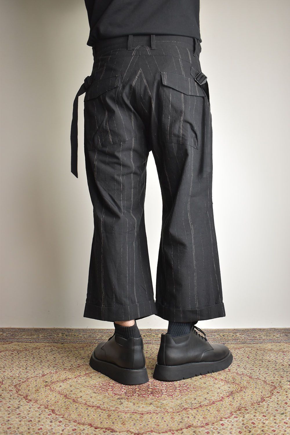 Faded Random Stripe Wide Cropped Pants"Black" / フェードランダムストライプワイドクロップドパンツ"ブラック"