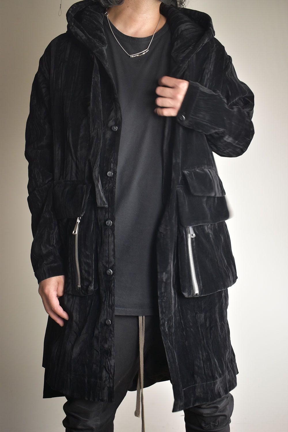Washer Velour Hooded Long Jacket"Black" / ワッシャーベロアフーデッドロングジャケット"ブラック"