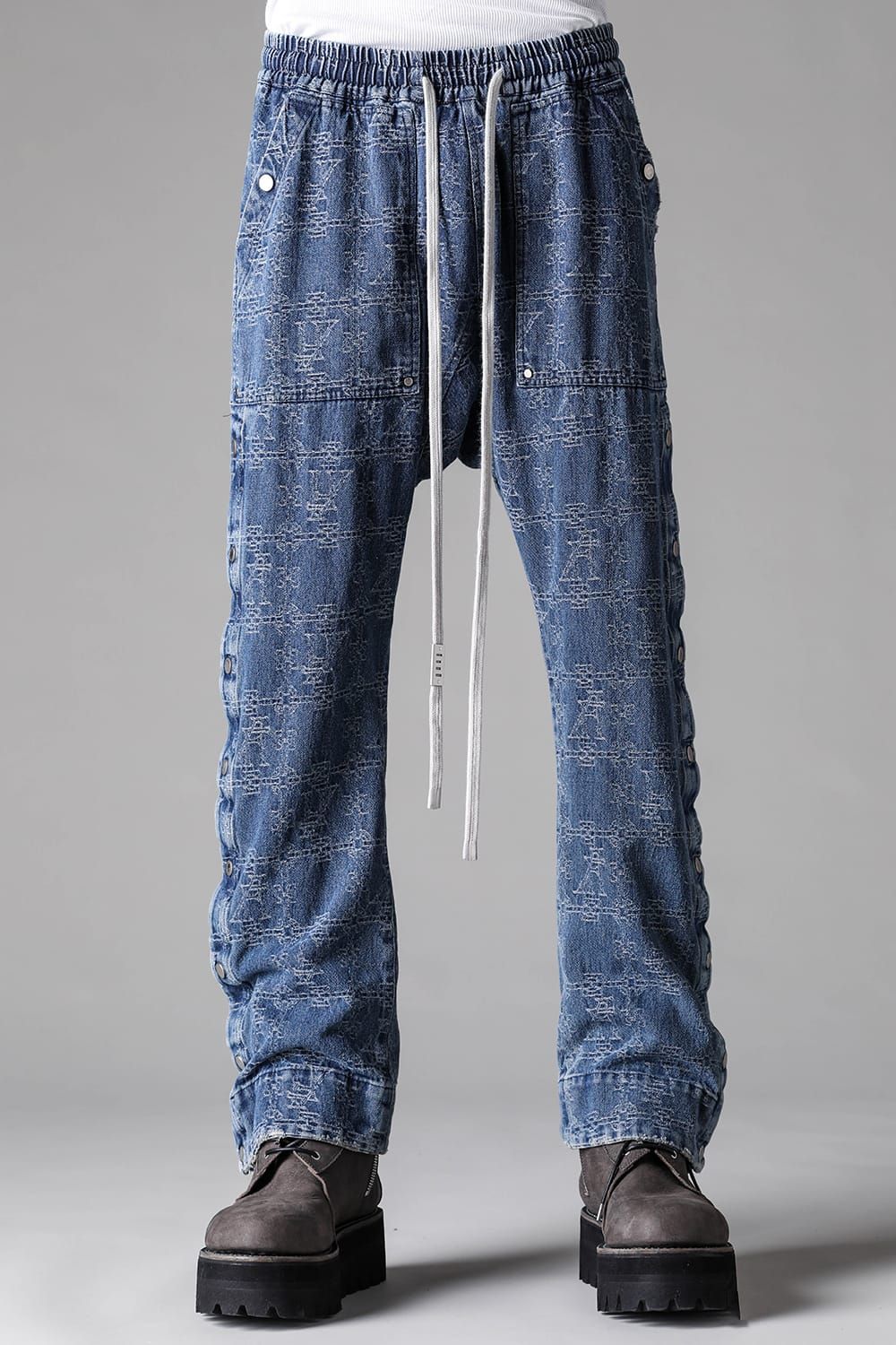 《2027SS先行予約》Jacgurd Denim Sarrouel Flare Pants "Black / Blue" / ジャガードデニムサルエルフレアパンツ"ブラック/ブルー"