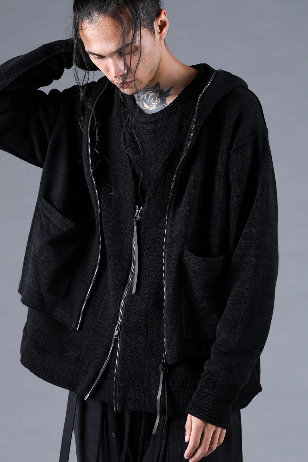 Cotton Low Gauge Knit Cardigan Layered Pullover"Black" / コットンローゲージニットカーディガンレイヤードプルオーバー"ブラック"
