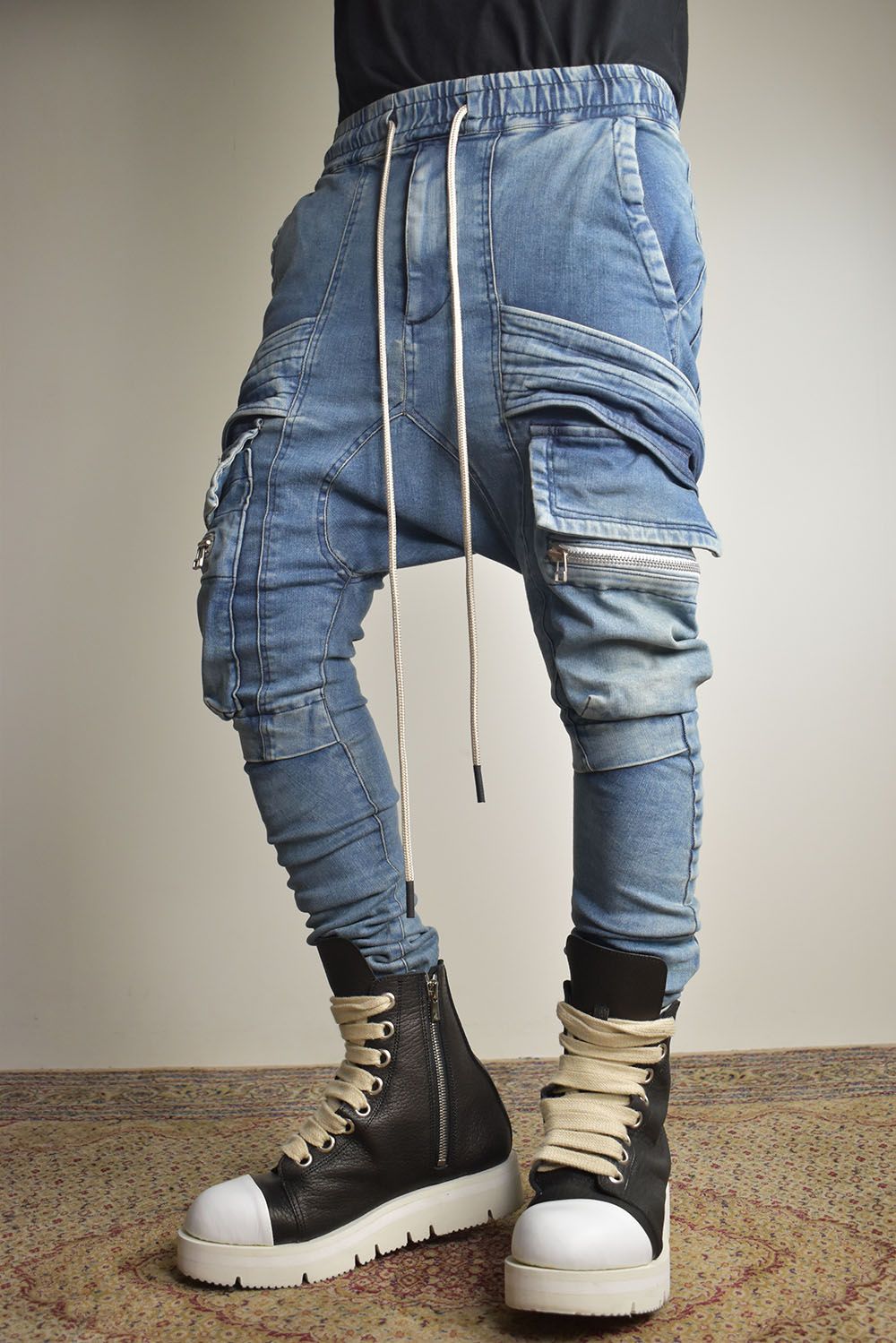 Denim Cargo Sarouel Skinny"Damage Black/Indigo Blue"/デニムカーゴサルエルスキニー"ダメージブラック/インディゴブルー"