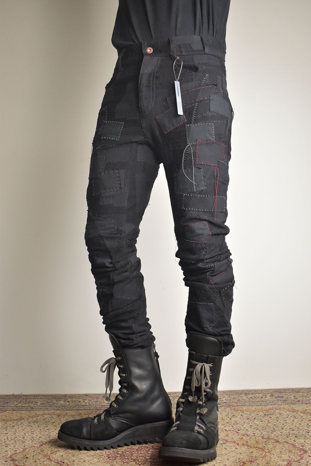 Hand Patchwork Crust Jacquard Overlock Twist Curve Pants "Black" / ハンドパッチワーククラストジャガードオーバーロックツイストカーブパンツ"ブラック"