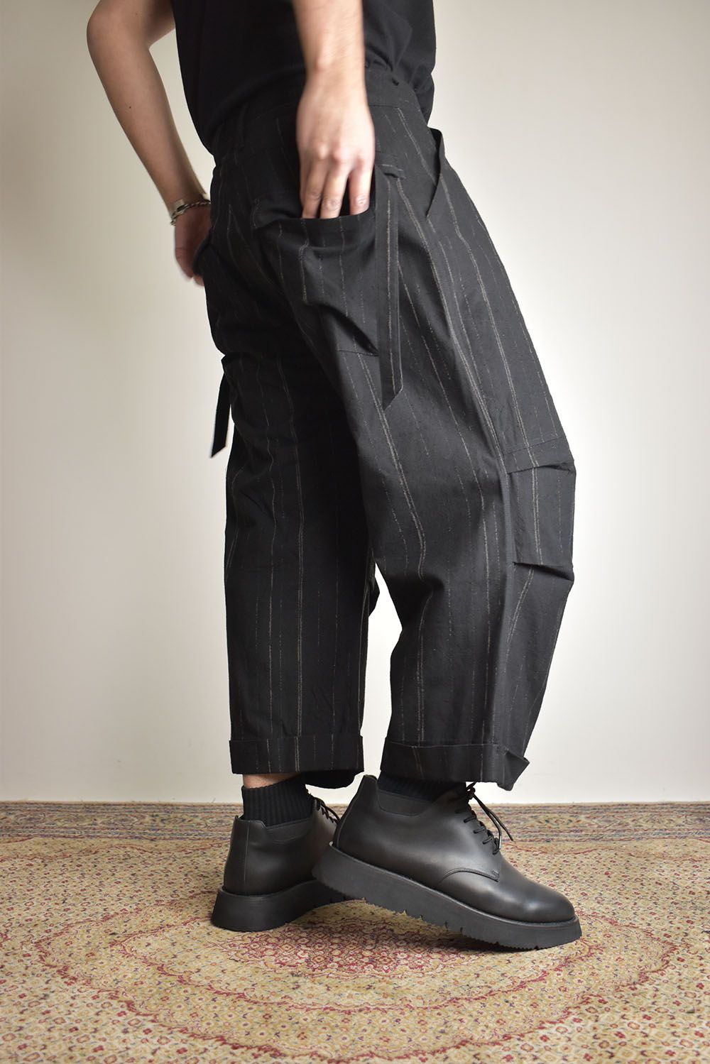 Faded Random Stripe Wide Cropped Pants"Black" / フェードランダムストライプワイドクロップドパンツ"ブラック"