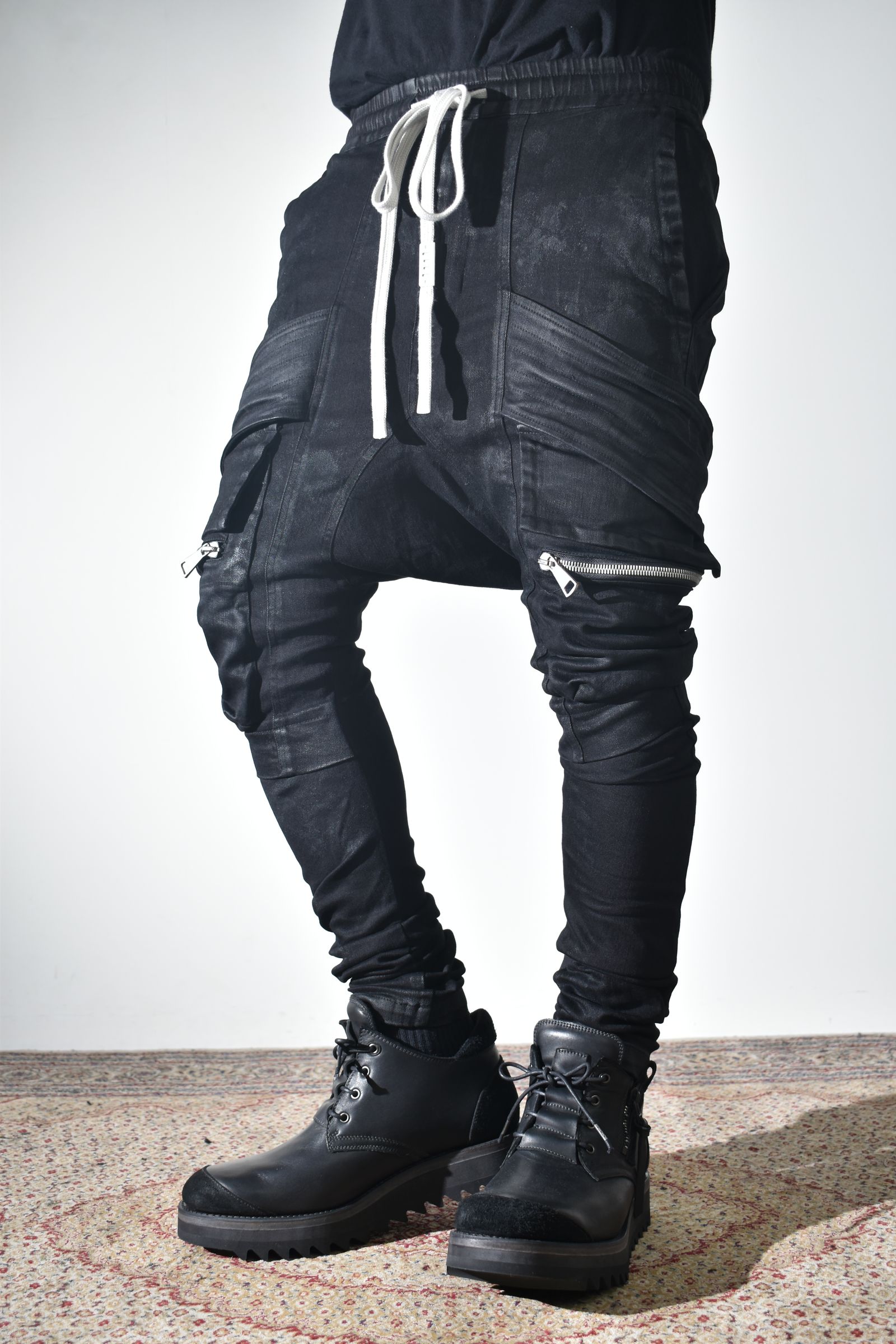 Strtch Denim Coatiing Cargo Sarouel Skinny"Black" / ストレッチデニムコーティングカーゴサルエルスキニー"ブラック"