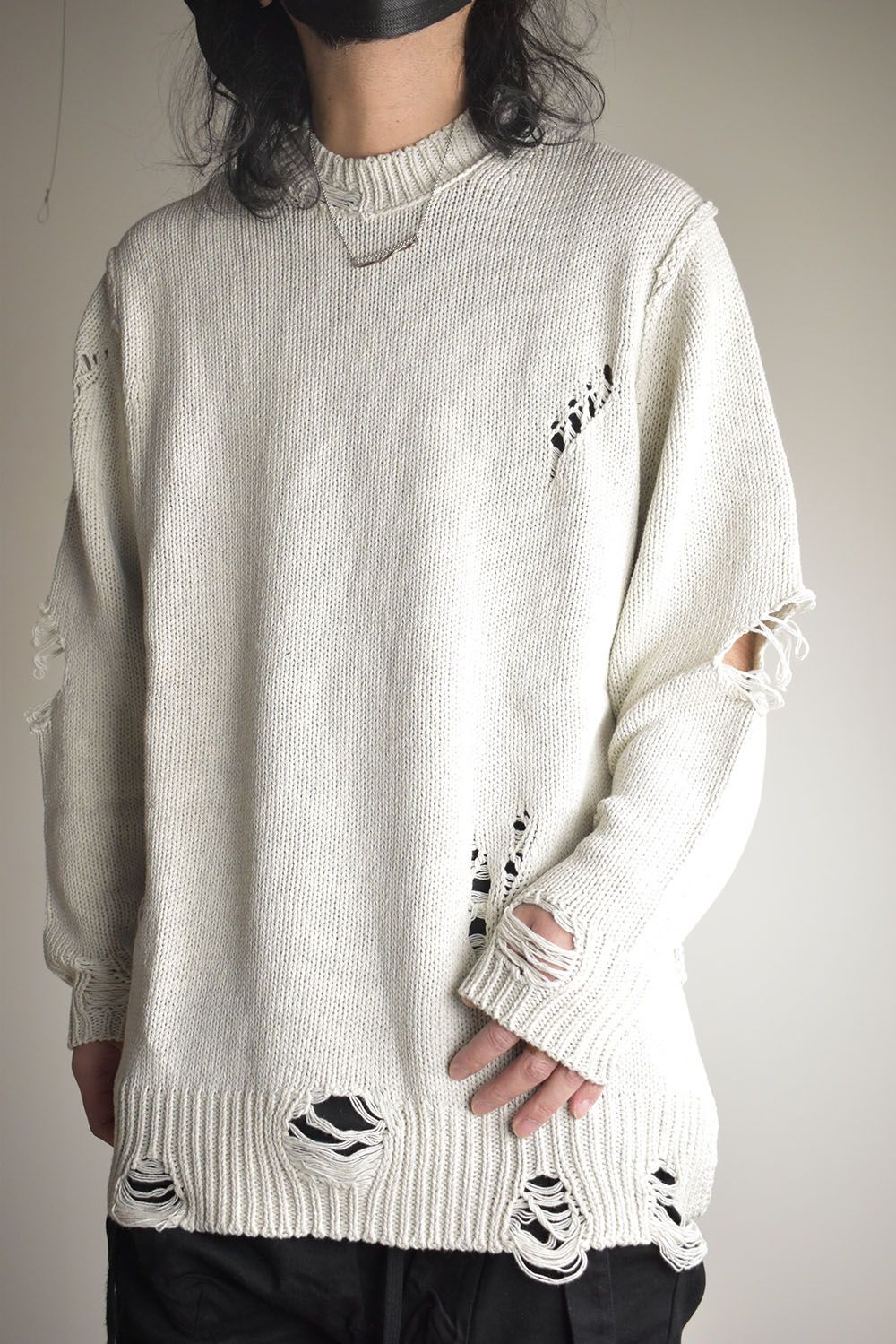 Cotton 3GG Damaged Knit Pullover"Light Grey" / コットン 3GG ダメージニットプルオーバー"ライトグレー"