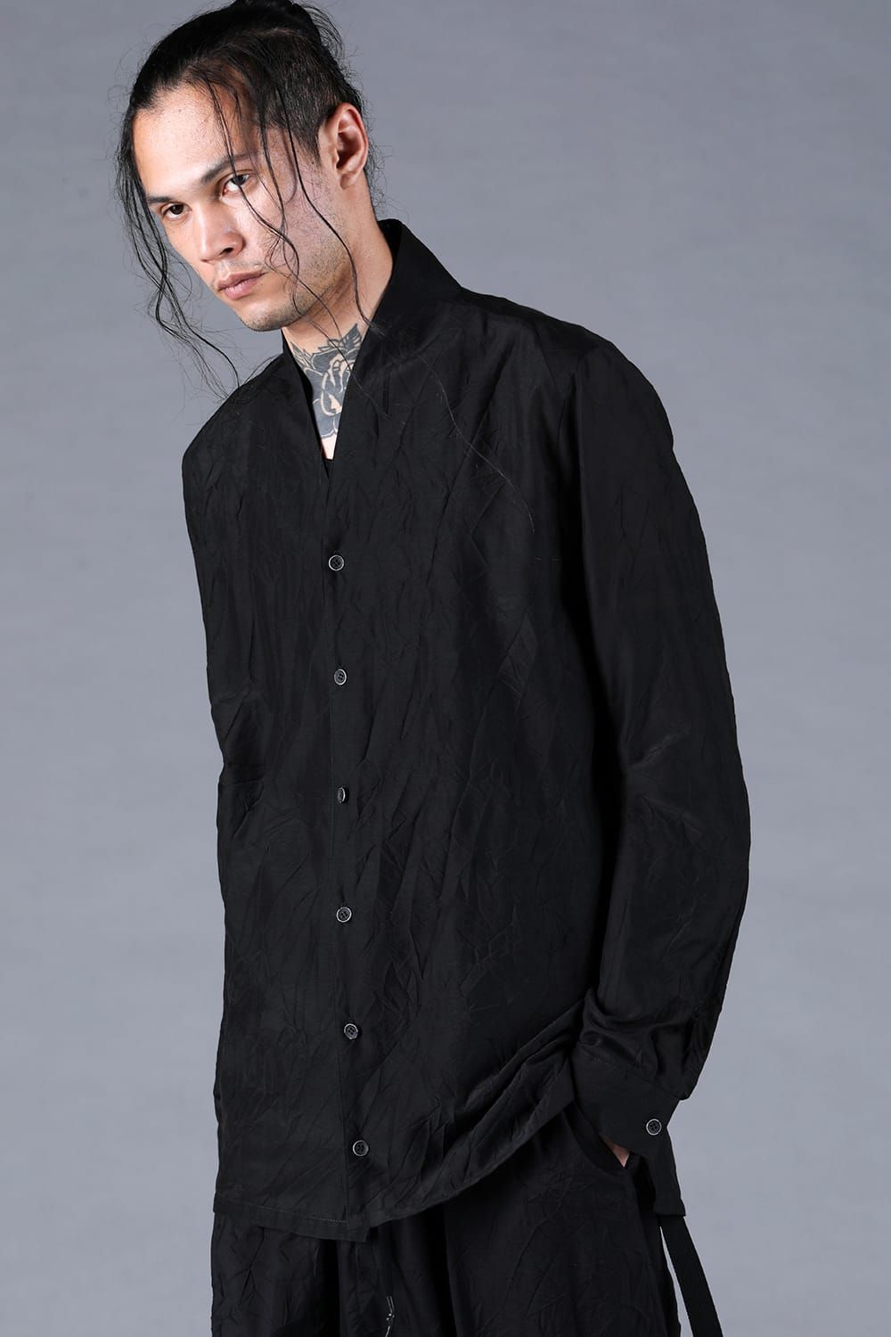 Silk Cotton Washer Shawl Collar Shirt"Black" / シルクコットンワッシャーショールカラーシャツ"ブラック"