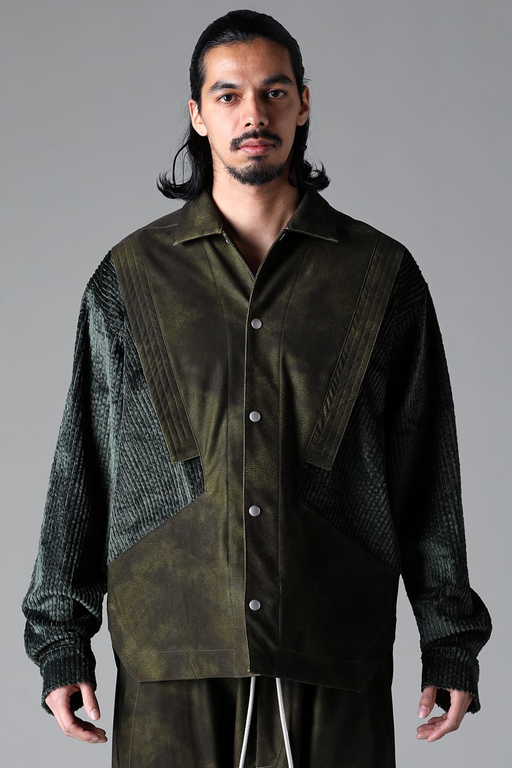 《2025AW先行予約》Synthetic Leather × Corduroy Switching Shirts"Black/Khaki" / シンセティックレザー×コーデュロイスウィッチングシャツ"ブラック/カーキ"