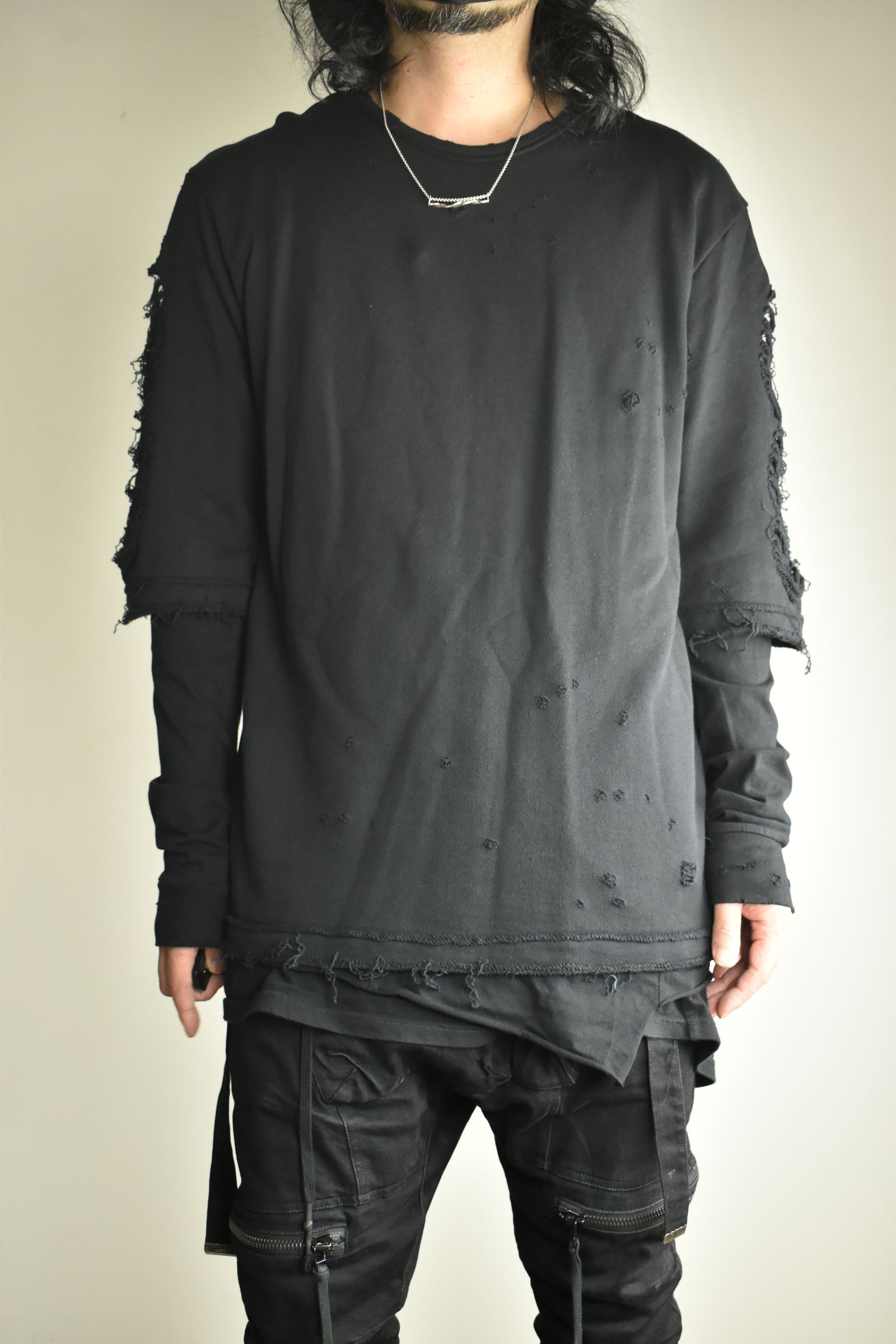 Sweat Shotgun Damage Layered Tee"Black" / 裏毛ショットガンダメージレイヤードTee"ブラック"