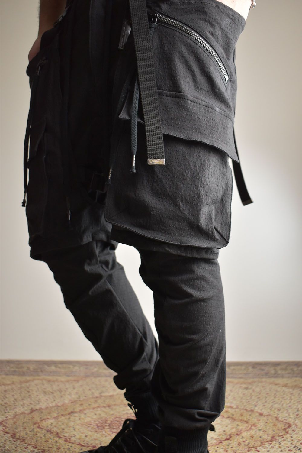 Ripstop Detachable Shorts Layered Cargo Jog Pants"Black" / リップストップデタッチャブルショーツレイヤードカーゴジョグパンツ"ブラック"