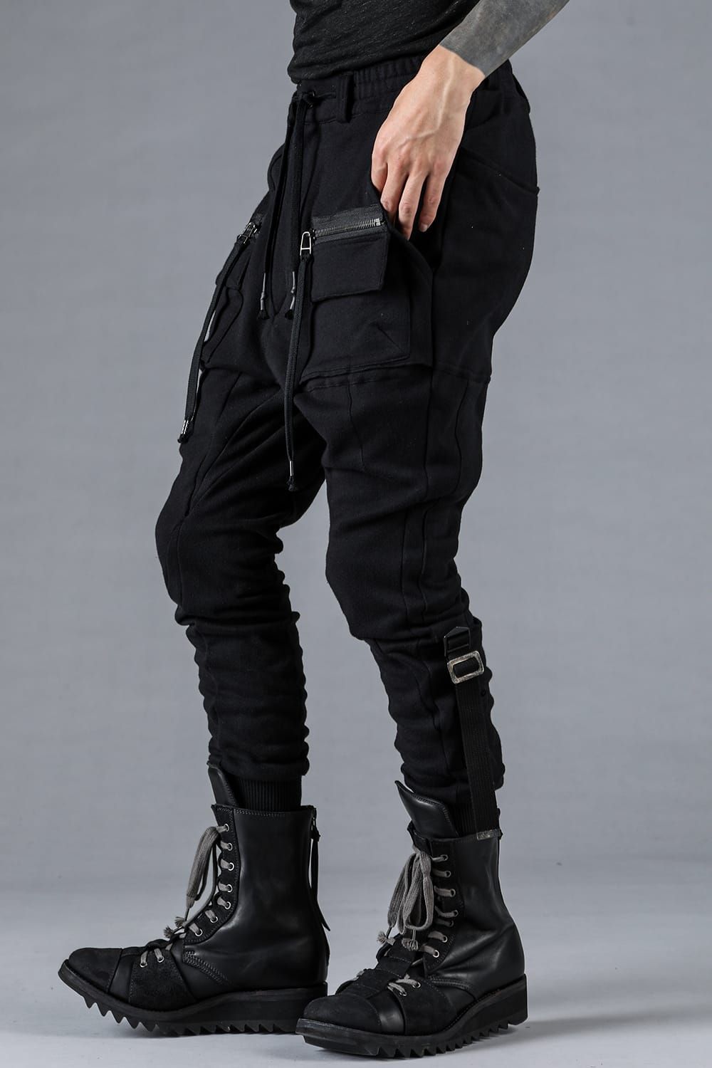 Non-ply Yarn Lined Belt Adjustable Crotch Jog Pants "Black" / 無撚糸裏毛ベルトアジャストロークロッチジョグパンツ"ブラック"