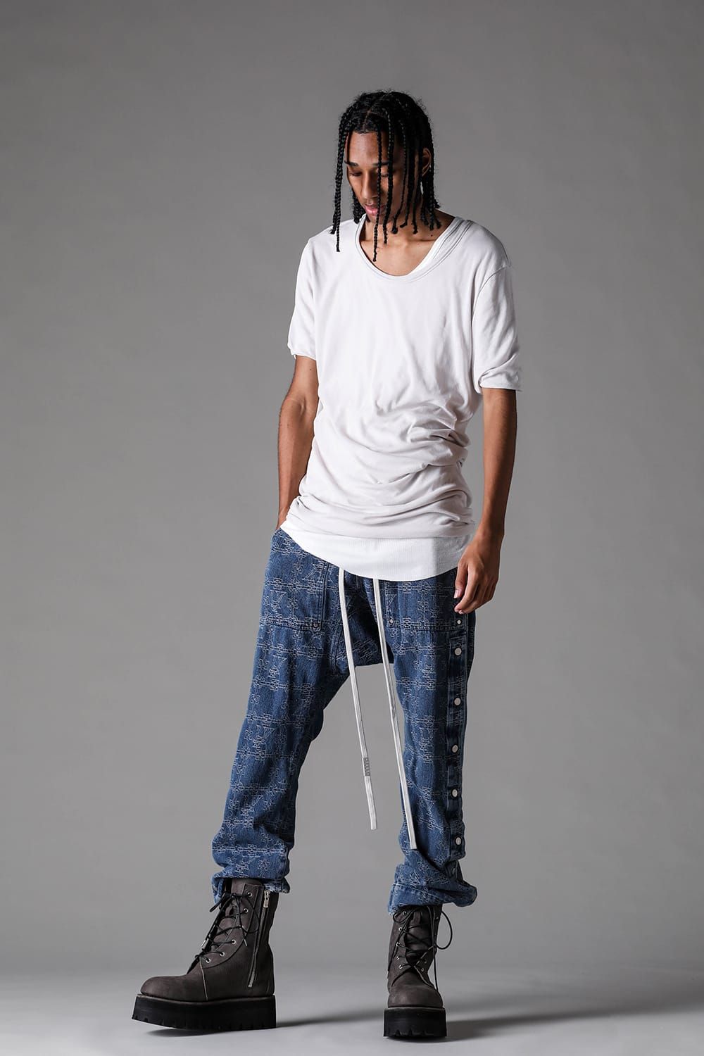 《2027SS先行予約》Jacgurd Denim Sarrouel Flare Pants "Black / Blue" / ジャガードデニムサルエルフレアパンツ"ブラック/ブルー"