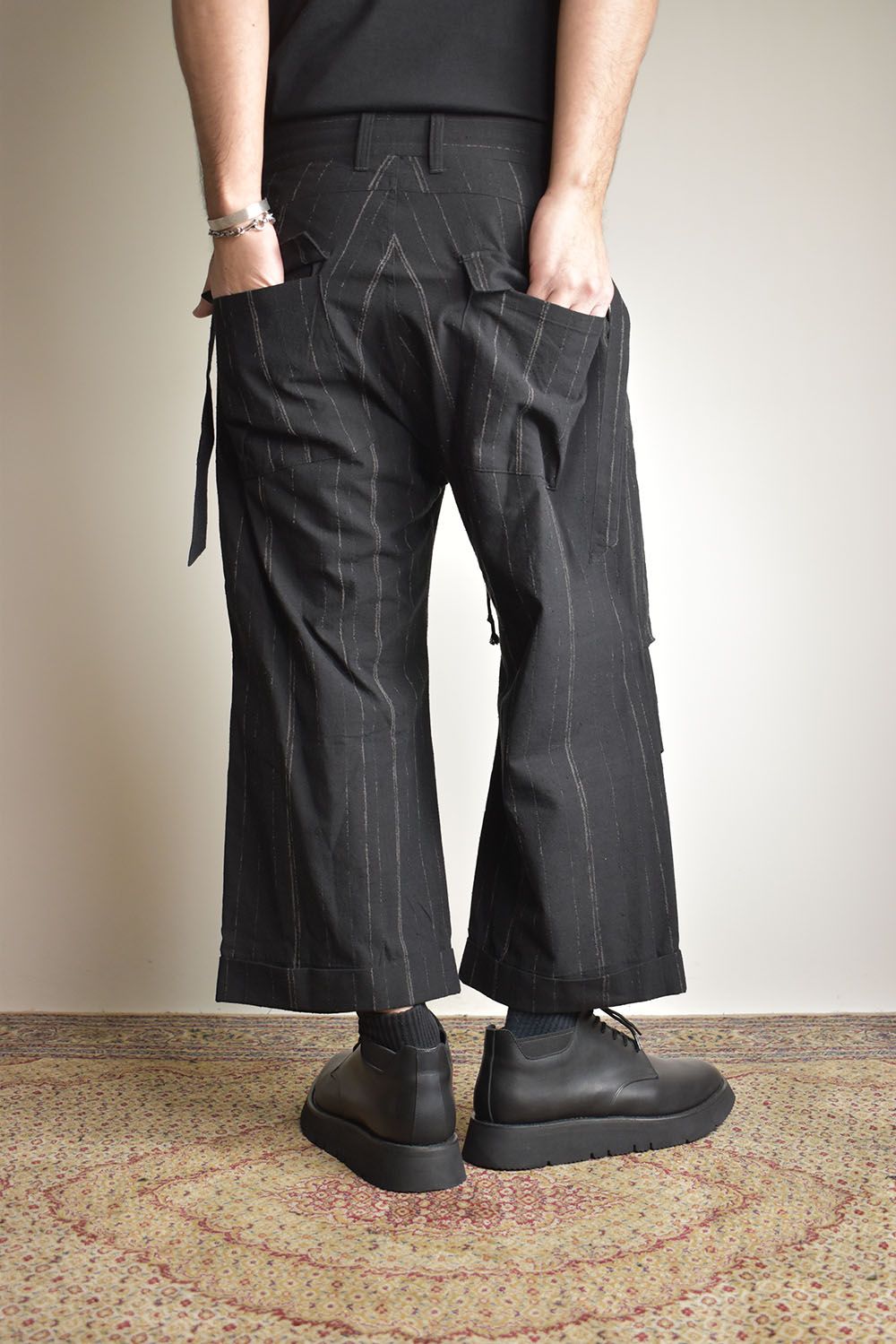 Faded Random Stripe Wide Cropped Pants"Black" / フェードランダムストライプワイドクロップドパンツ"ブラック"