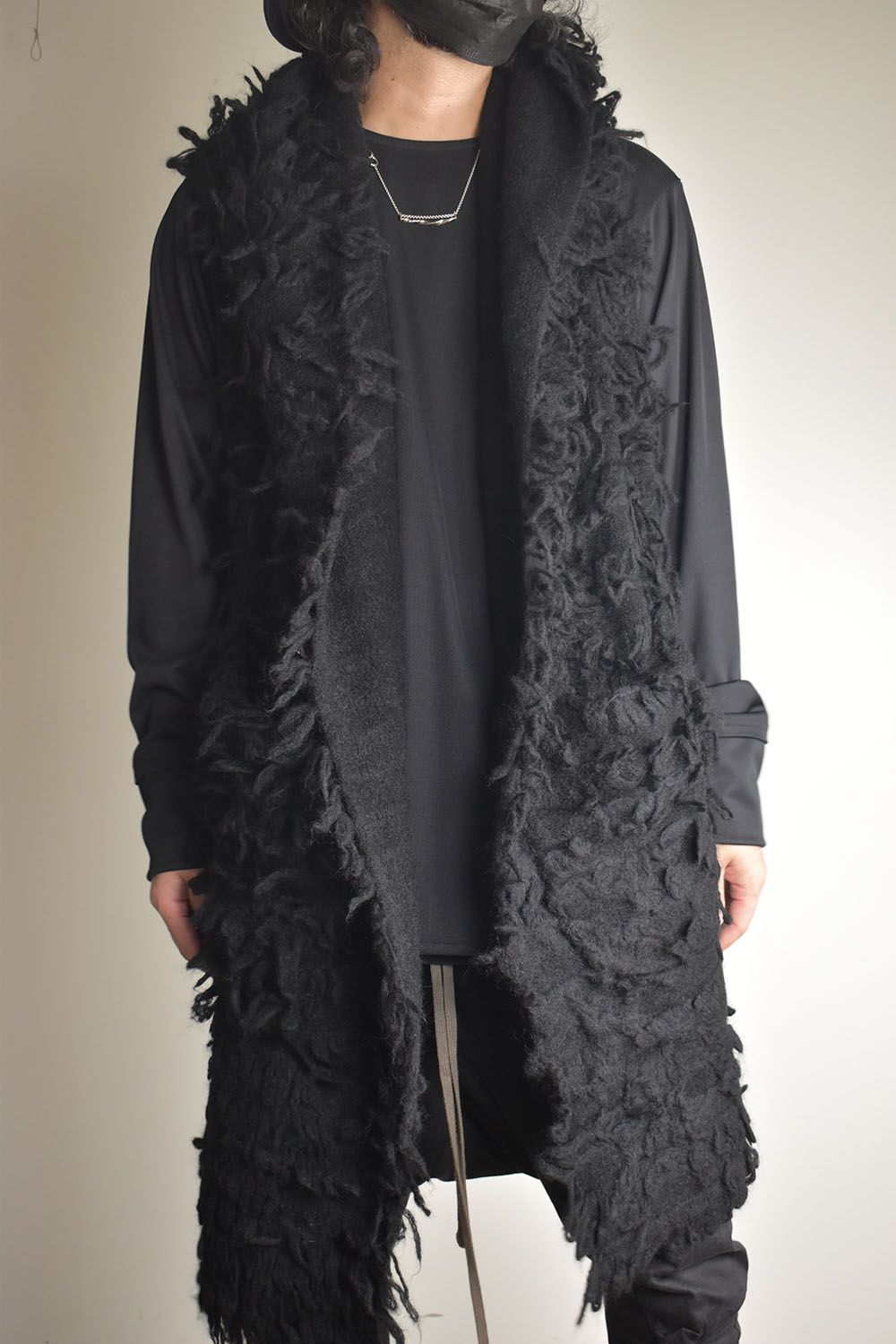 5GG Long Pile Knit Hoodie Stole"Black" / ロングパイルニットフーディストール"ブラック"