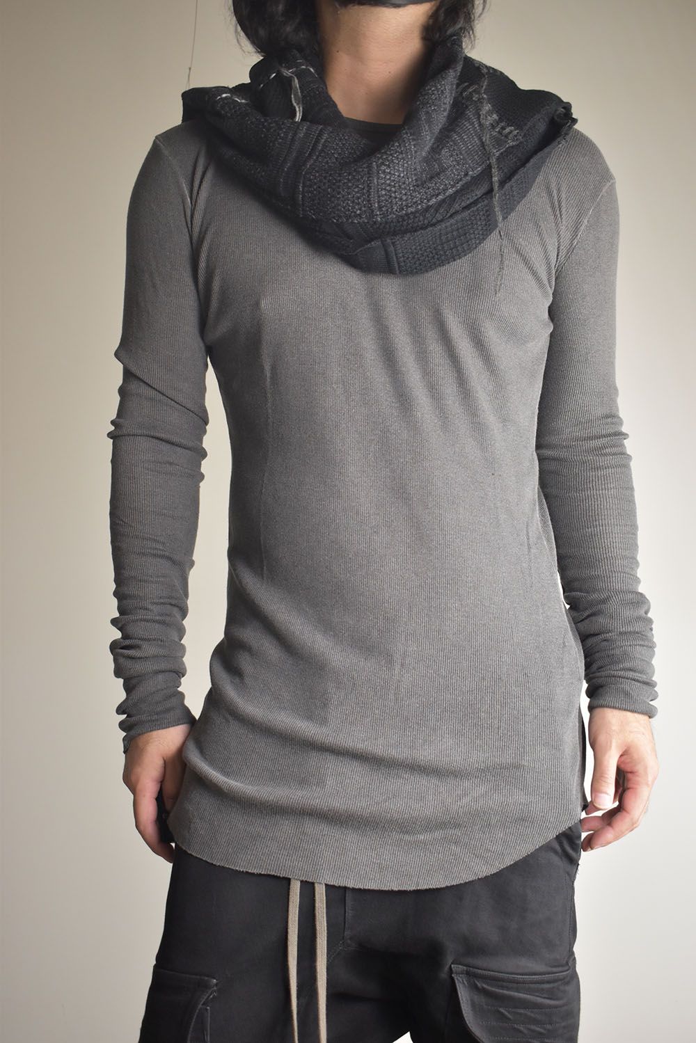 Cotton Cashmere Crust Patch Knit Long Stole "Charcoal x Black" / コットンカシミヤクラストパッチニットロングストール"チャコール×ブラック"