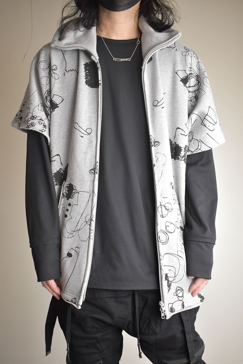 Sweat Oversize Print Zip Up Hoodie"Grey" / スウェットオーバーサイズプリントジップアップパーカ"グレー"