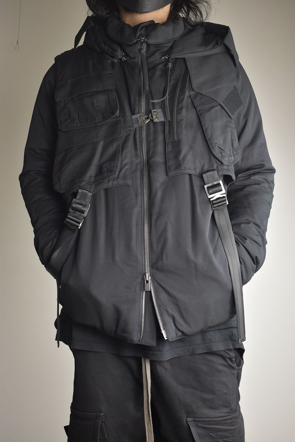 Rayon Twill Vest Hooded Down Jacket "Black" / レーヨンツイルベスト/フードアタッチドダウンジャケット"ブラック"