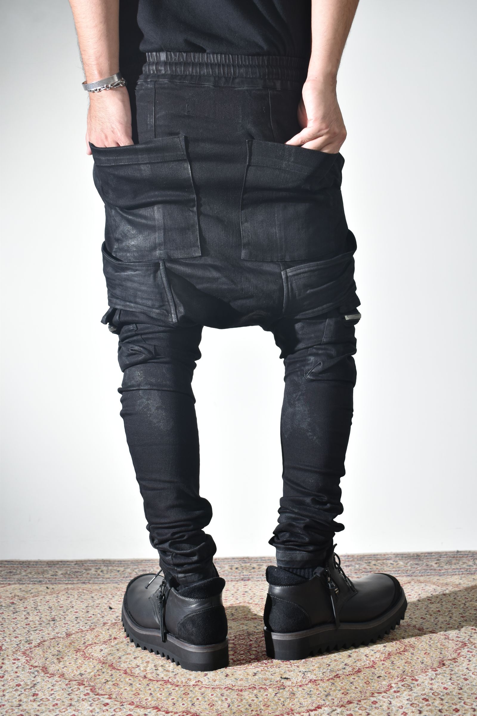 Strtch Denim Coatiing Cargo Sarouel Skinny"Black" / ストレッチデニムコーティングカーゴサルエルスキニー"ブラック"