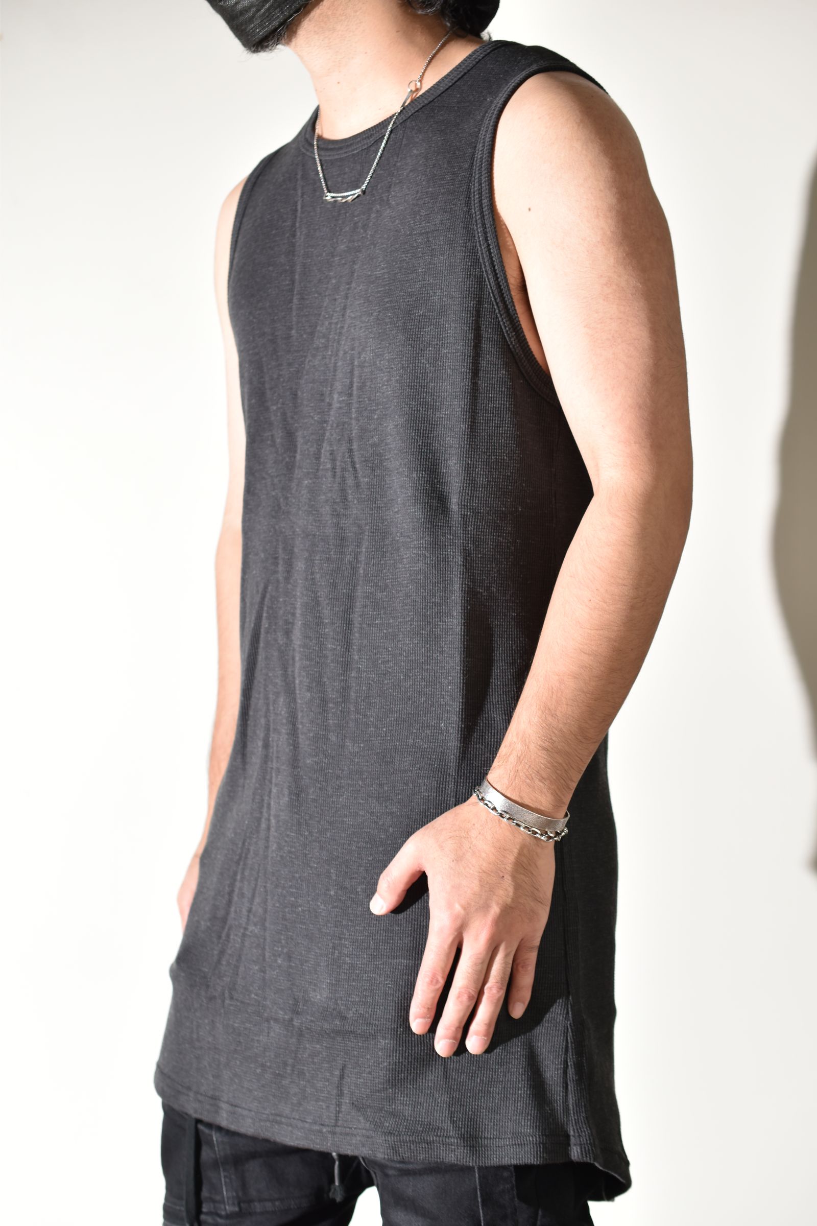 Back Printed Waffle Jersey Long Tank Top"D.Grey" バックプリントワッフルジャージーロングタンクトップ"ダークグレー"