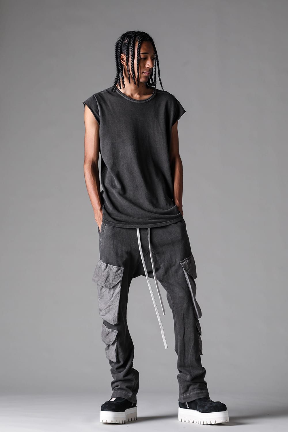 《2027SS先行予約》Sumi Dyed Lightweight French Terry Sarrouel Flare Cargo Pants"L.Grey  / D.Grey" / 墨染ミニ裏毛サルエルフレアカーゴパンツ"ライトグレー / ダークグレー"