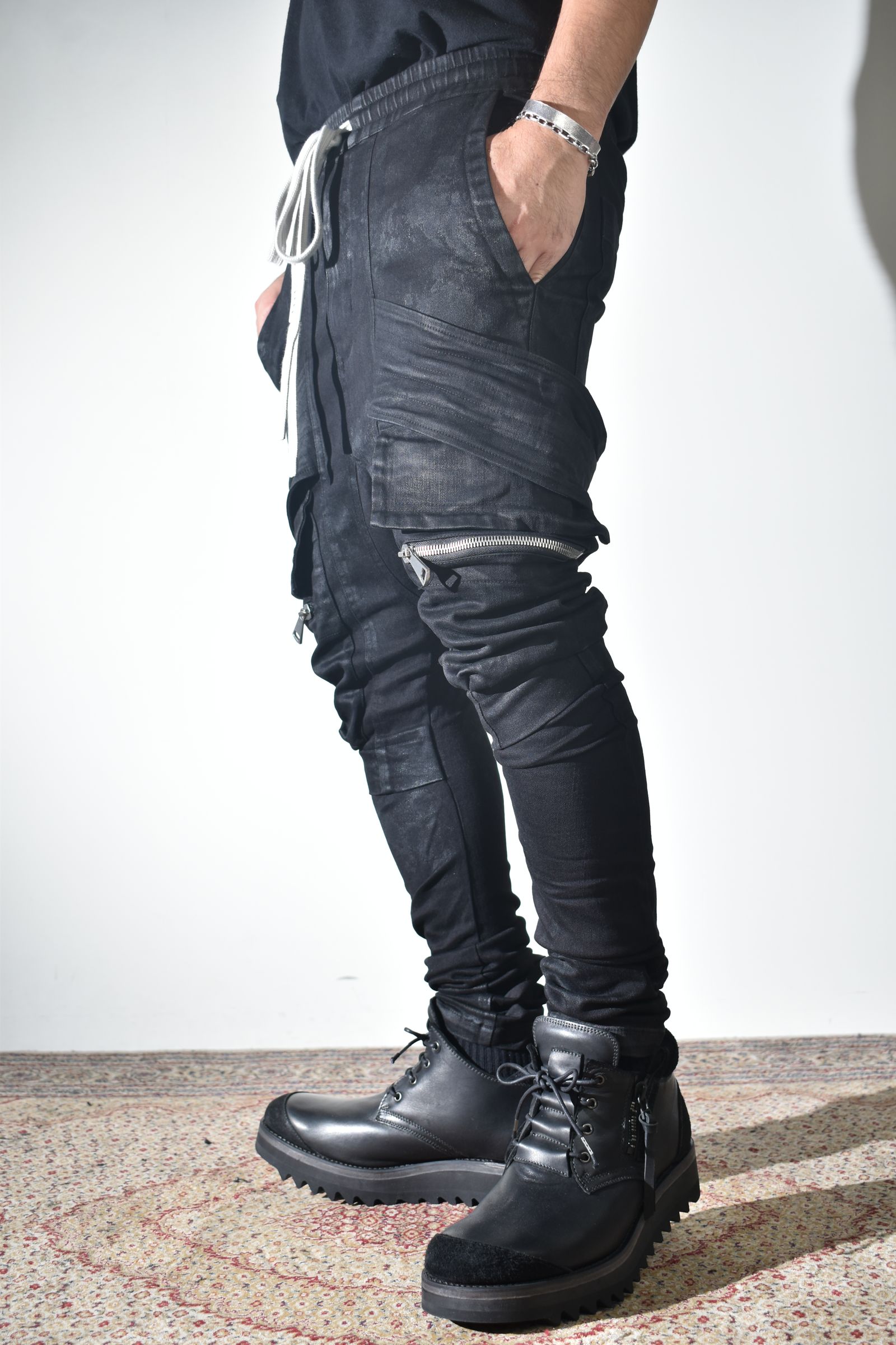 Strtch Denim Coatiing Cargo Sarouel Skinny"Black" / ストレッチデニムコーティングカーゴサルエルスキニー"ブラック"