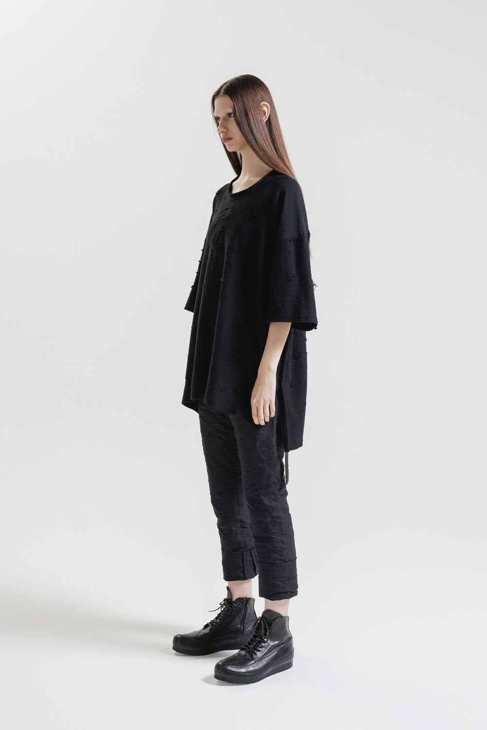 Cotton Damege Jaquard Over Sized Short Sleeve Tee"Black"/コットンダメージジャガードオーバーサイズショートスリーブTee"ブラック"