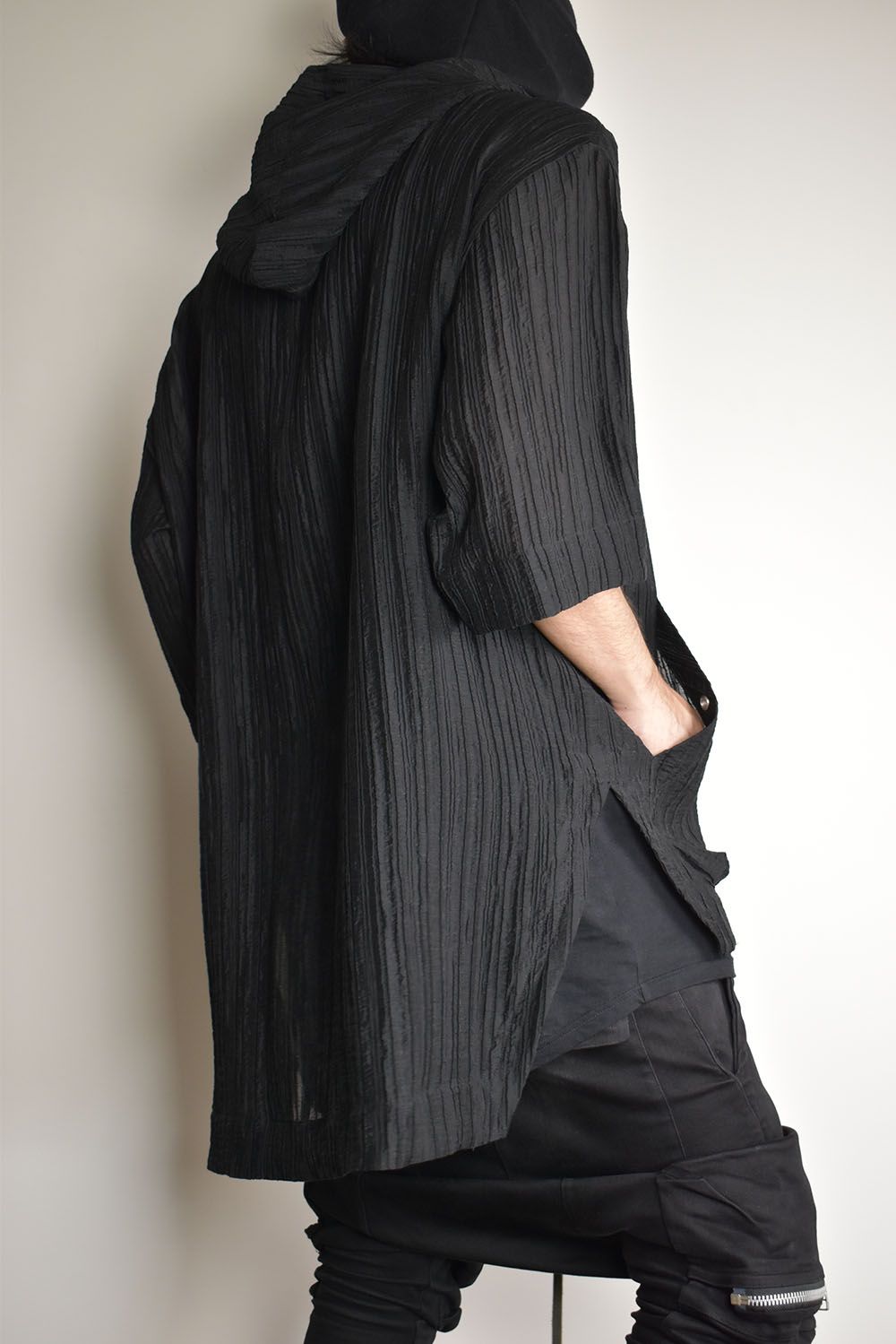Sheer Yoryu Hoodie Shirts"Black"/シアーフーディシャツ"ブラック"