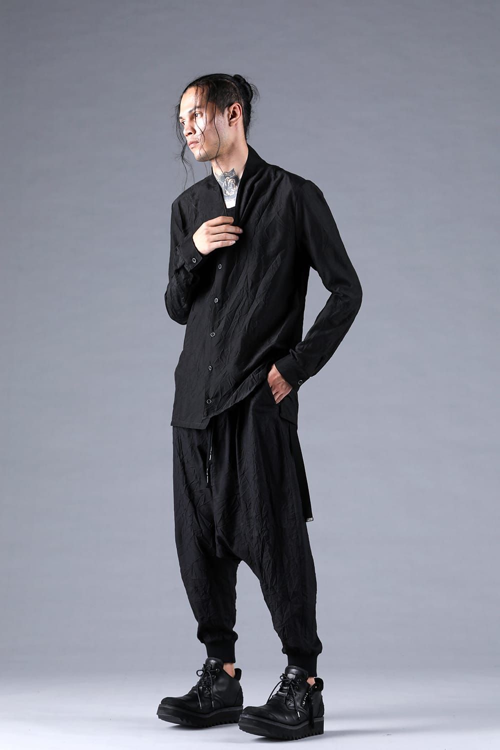 Silk Cotton Washer Shawl Collar Shirt"Black" / シルクコットンワッシャーショールカラーシャツ"ブラック"