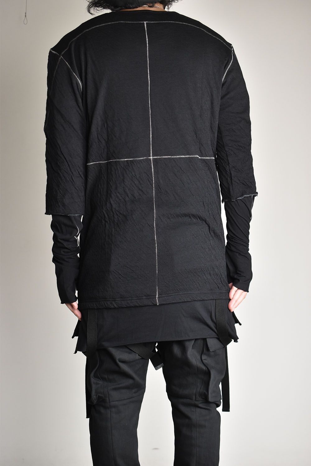 Wool×Cotton Double Face Layered Globe Sleeve Tee"Black/"ウール×コットンダブルフェイスレイヤードグローブスリーブTシャツ"ブラック"