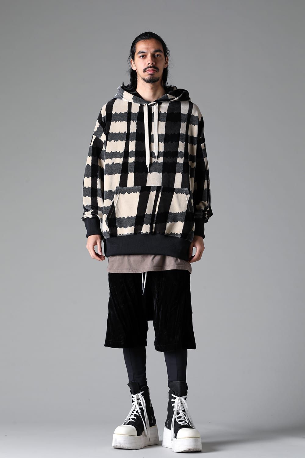 《2025AW先行予約》Checked Pattern Hooded Top"Black×Grey×Ivory" / チェックパターンフーデッドトップ"ブラック×グレー×アイボリー"