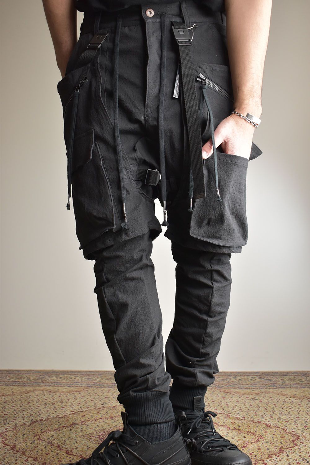 Ripstop Detachable Shorts Layered Cargo Jog Pants"Black" / リップストップデタッチャブルショーツレイヤードカーゴジョグパンツ"ブラック"