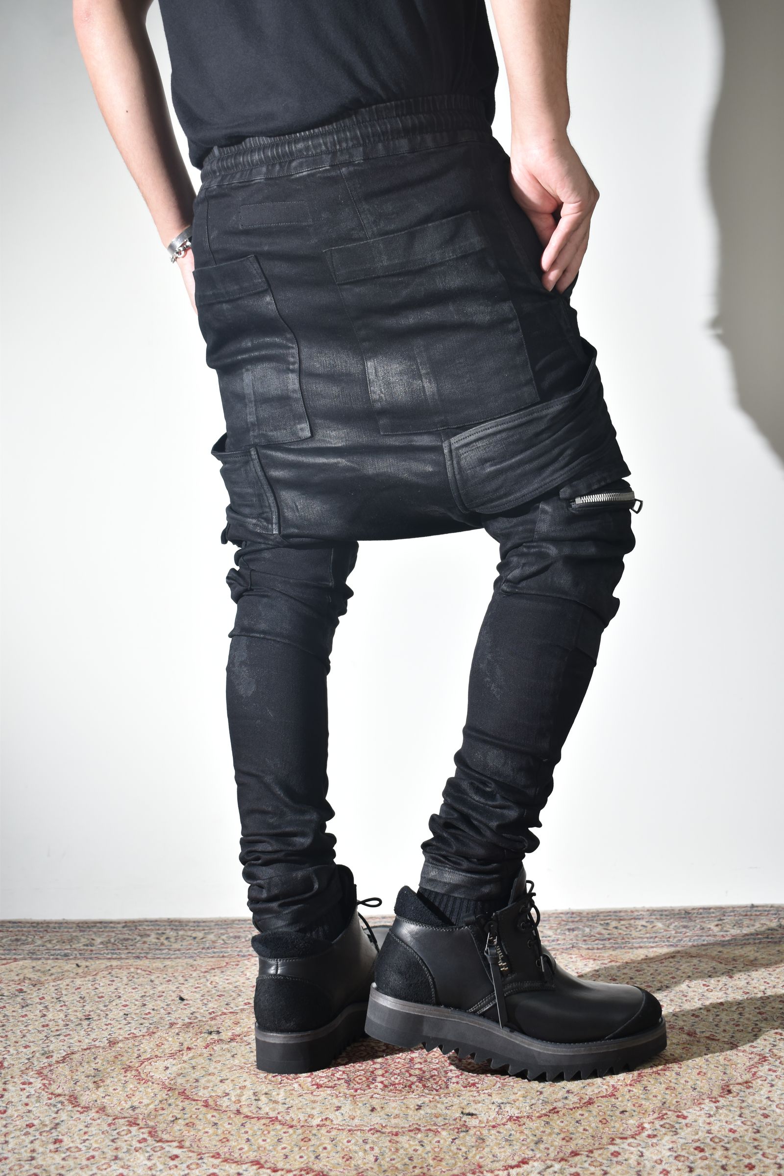 Strtch Denim Coatiing Cargo Sarouel Skinny"Black" / ストレッチデニムコーティングカーゴサルエルスキニー"ブラック"