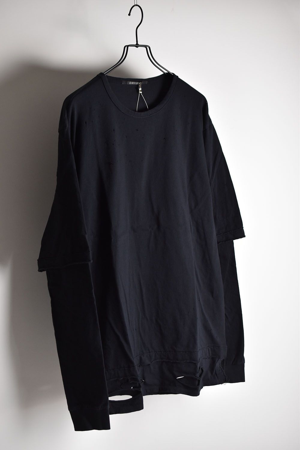Soft Cotton Jersey Damage Layered Tee"Black"/30-ソフトコットンジャージーダメージ加工レイヤードTシャツ"ブラック"