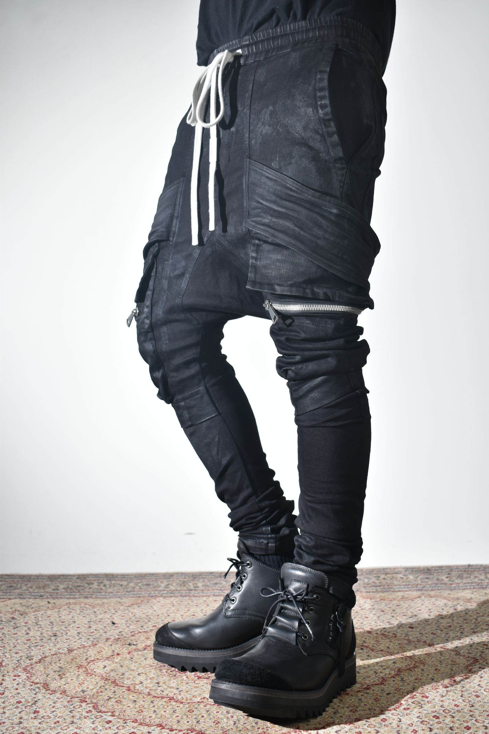 Strtch Denim Coatiing Cargo Sarouel Skinny"Black" / ストレッチデニムコーティングカーゴサルエルスキニー"ブラック"