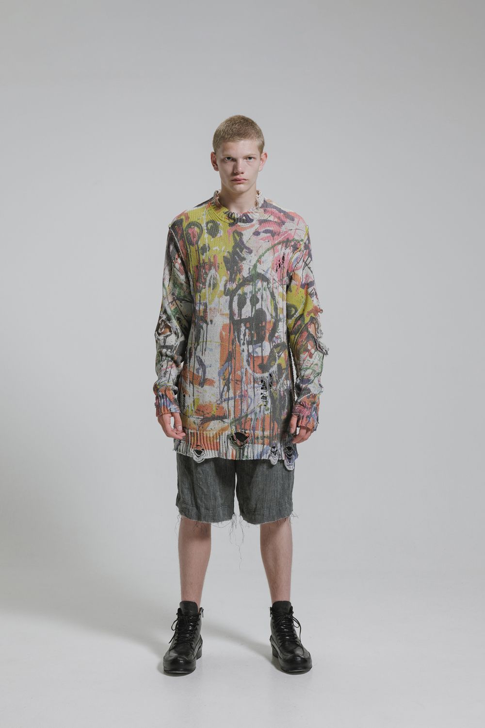 Inkjet Print Cotton 3GG Damaged Knit PulloVer"Color Print" / インクジェットプリント コットン 3GG ダメージニットプルオーバー "カラープリント"