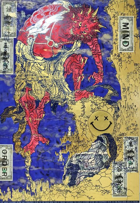 The Order to demon /Red demon  四句の偈 葛飾北斎 「八面九足の霊鬼、悉達太子を試して 四句の偈を授る図」変換