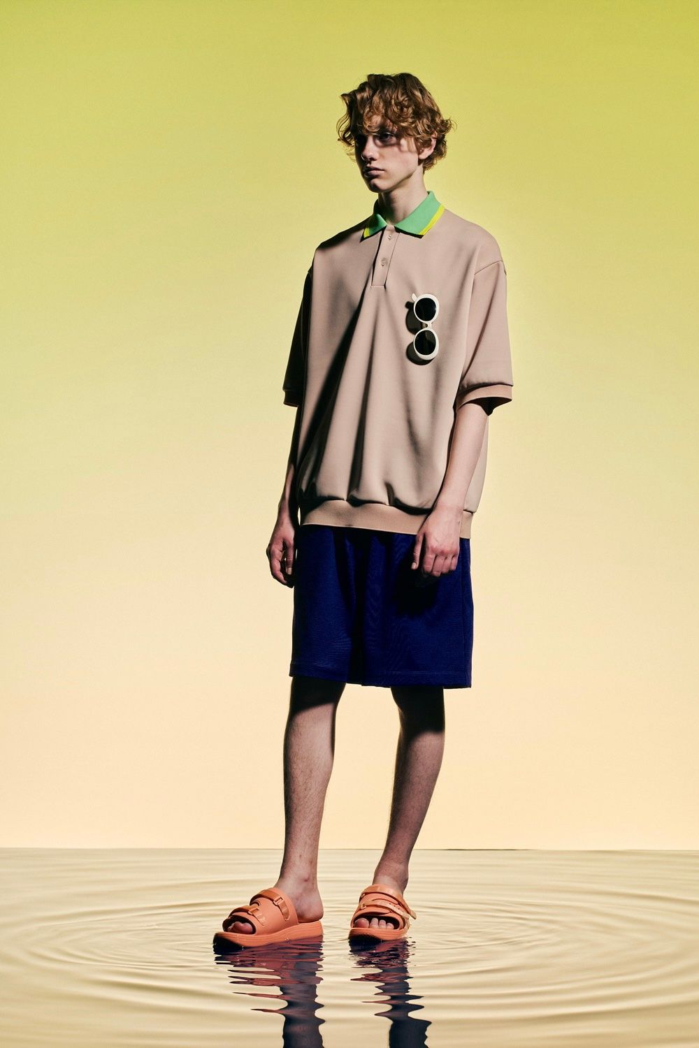 FUMITO GANRYU - large polo shirt -beige×blue green- 23ss | asterisk